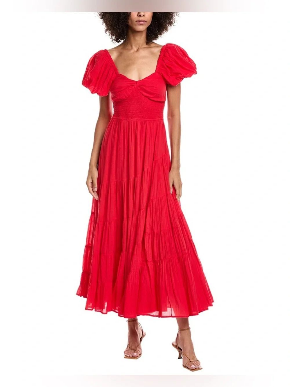 Free People Sundrenched Smocked Puff Sleeve Maxi Dress In Red Size Medium